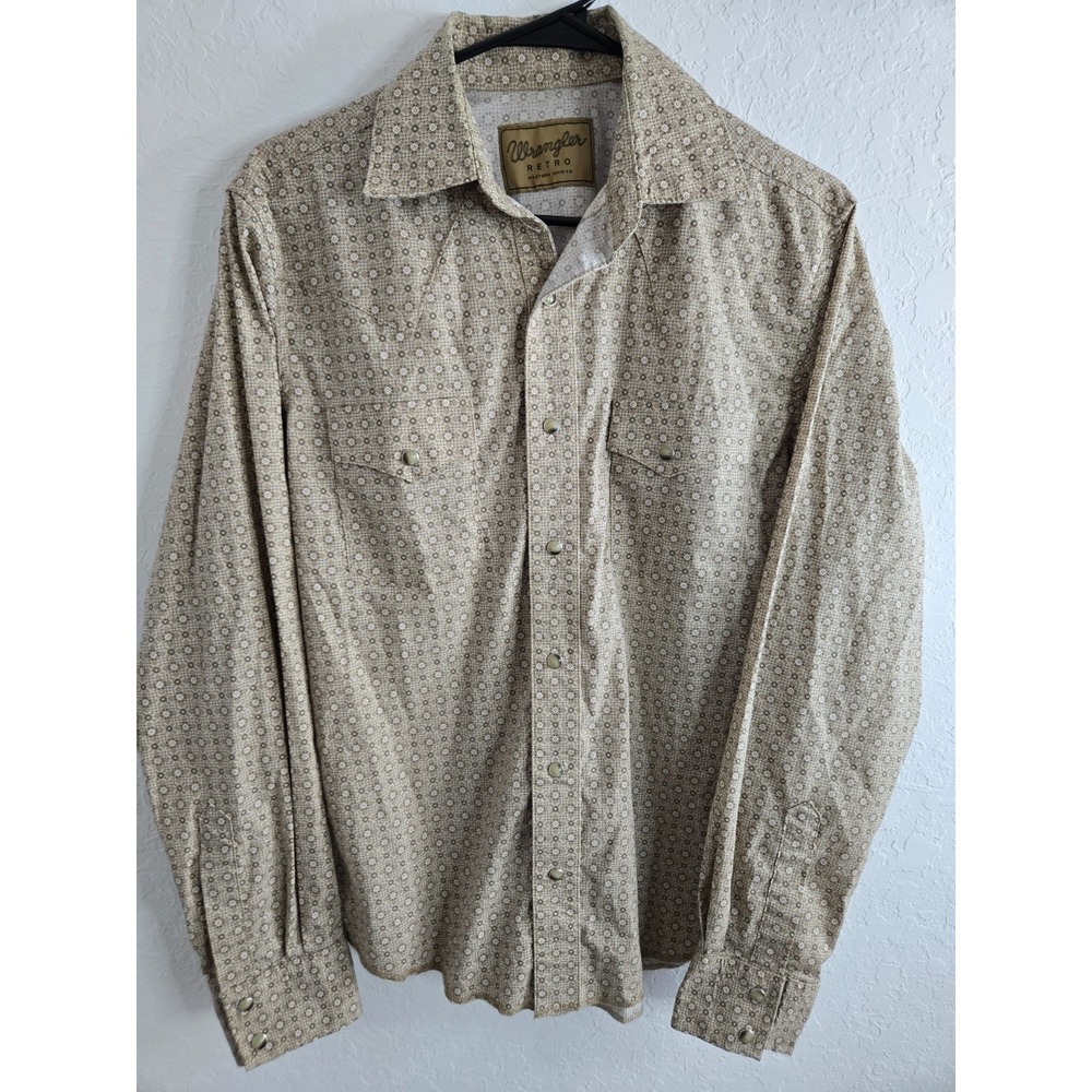 Wrangler Retro Pearl Snap Shirt Mens Size Medium Beige Western Long Sleeve Shirt